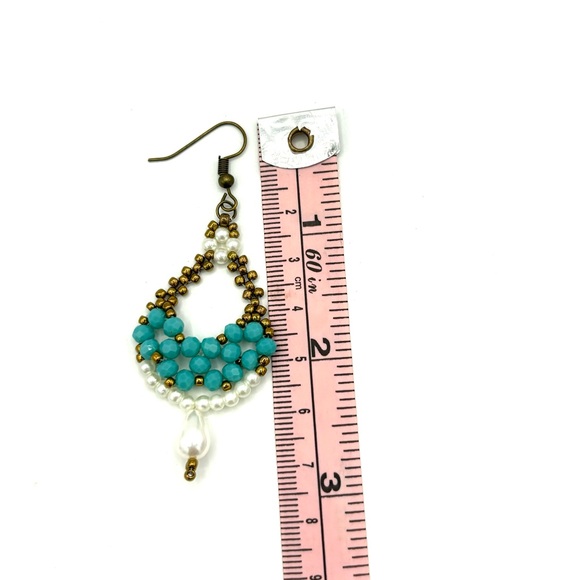 Hand Crafted Beaded Turquoise Crystal and Pearl Chunky Earrings - Picture 6 of 7